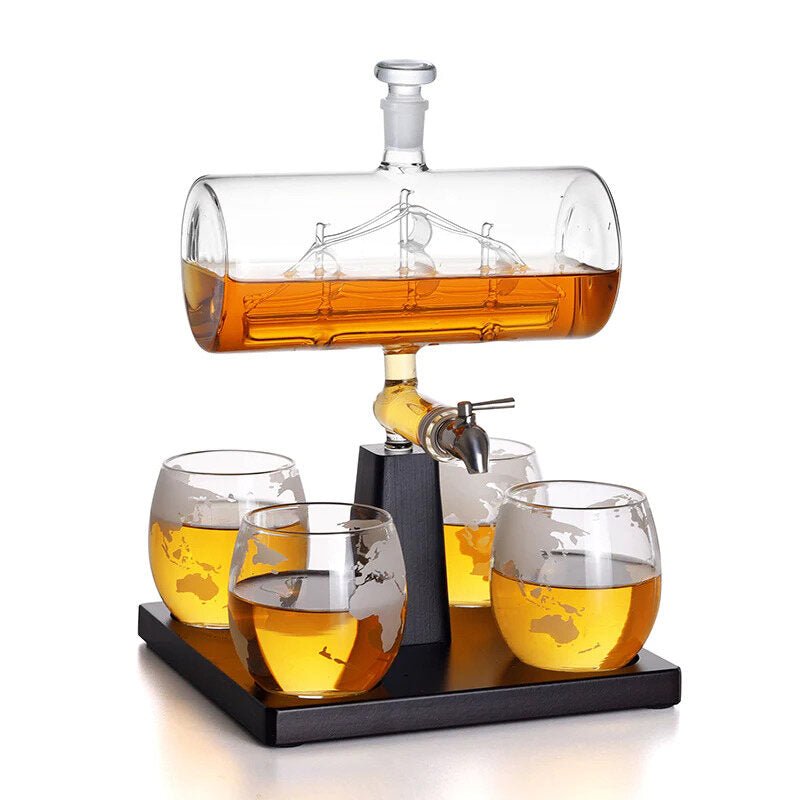 Sailboat Decanter 1000ml with Antique Ship and 4 Etched Whiskey Glasses - Whisky & Wine Decanters Australia
